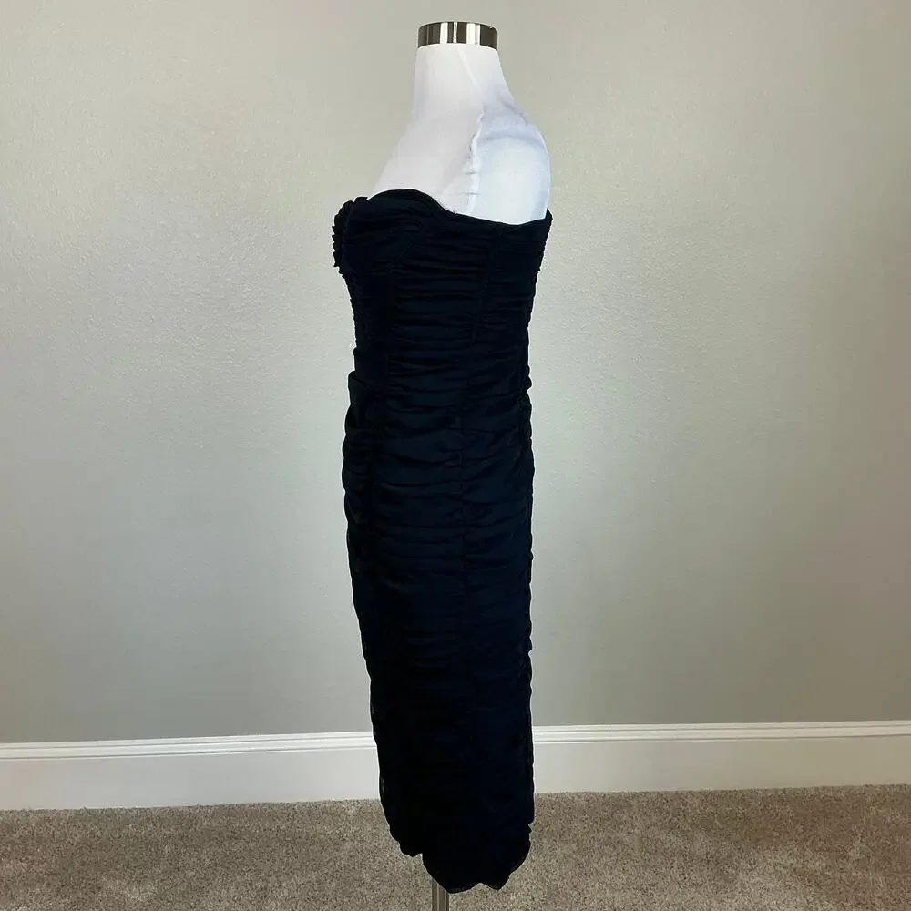 BCBGMAXAZRIA Women's Cocktail Dress Size 8 Blue Strapless Ruched Midi Sheath - Picture 5 of 13